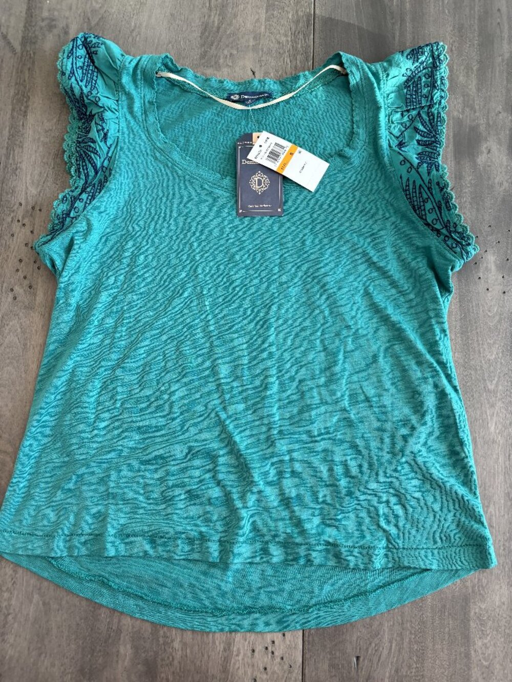 Democracy Sleeveless teal top with navy embroidery.  Size S-New